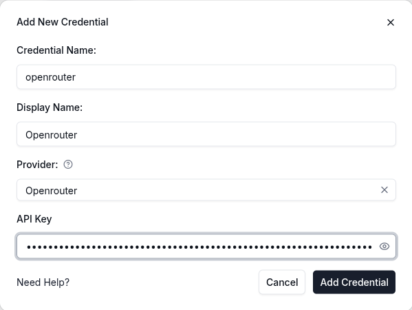 Le formulaire Add New Credential dans le dashboard LiteLLM : openrouter, provider Openrouter, clé masquée