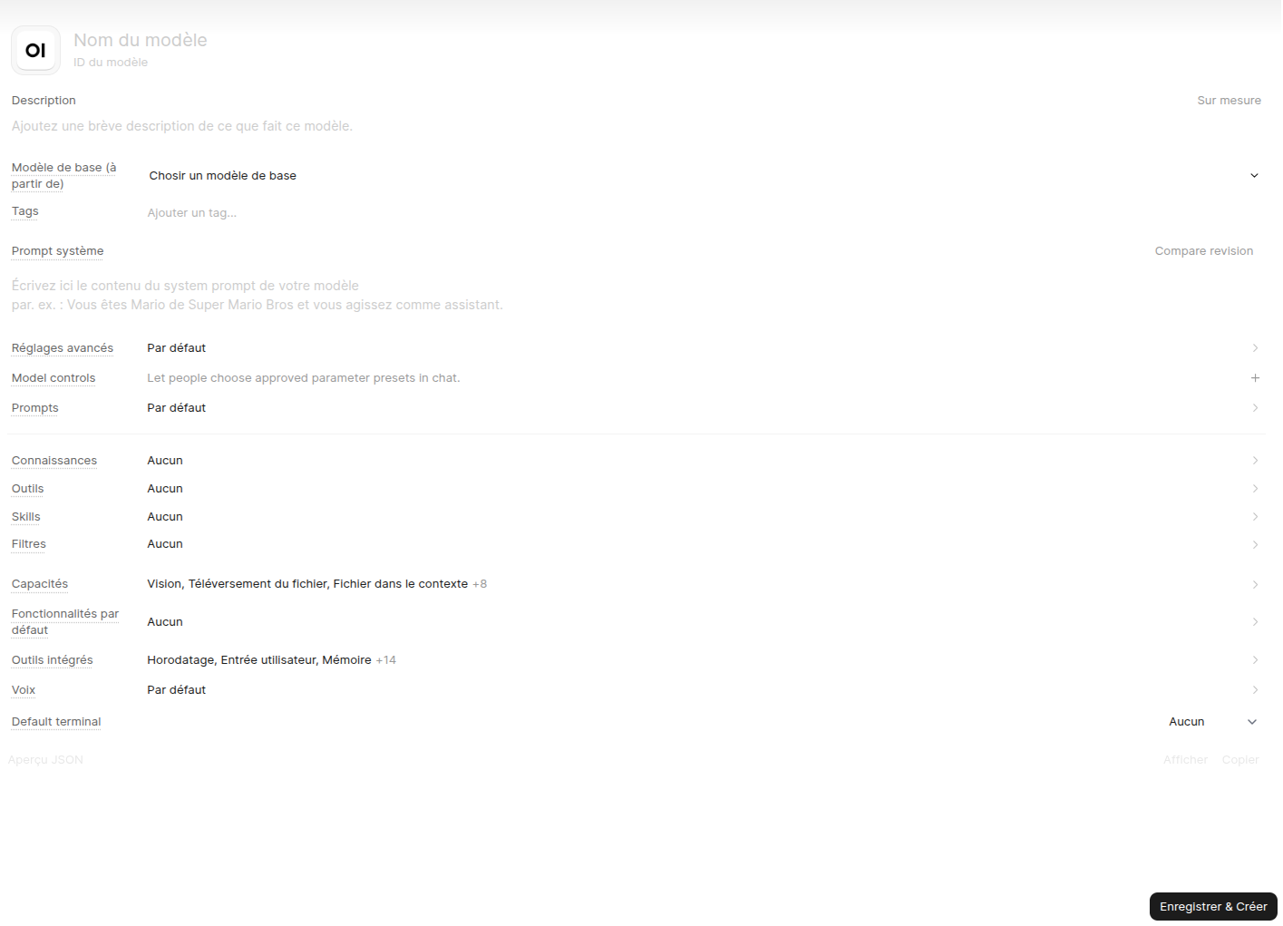 L’éditeur de modèle du Workspace : nom, description, prompt système, réglages avancés