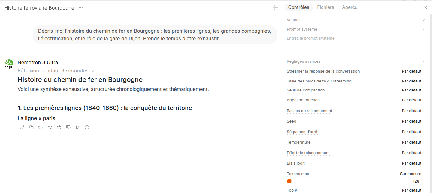 La réponse du modèle coupée en pleine phrase, Max Tokens réglé à 128 dans les réglages du chat